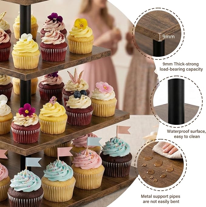 Wooden 2 Pack 4 Tier Cupcake Stand for 50 Cupcakes,Cupcake Holder,Cupcake Tower,Tiered Tray Stand for Birthday Bar Décor Weddings,Parties Events, Dark Brown