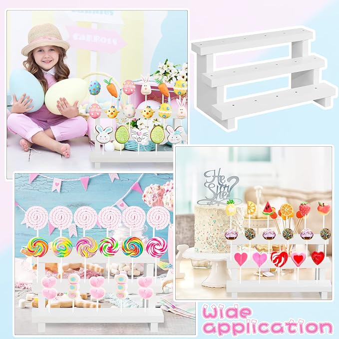 2Pcs Wood Cake Pop Stand, White Lollipop Holder 3 Tier with Twist Ties Lollipop Sticks, 17 Holes Sucker Display Riser for Dessert Table of Wedding Birthday Party