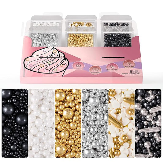 HUEBEATY 6-in-1 Edible Cake Pearl Sprinkles – Black Gold Silver White Sprinkles for Cake Decorating, Cupcakes, Cookies & Ice Cream | 6.36oz/180g | Wedding, Birthday, Graduation, New Year, Valentines Decorations