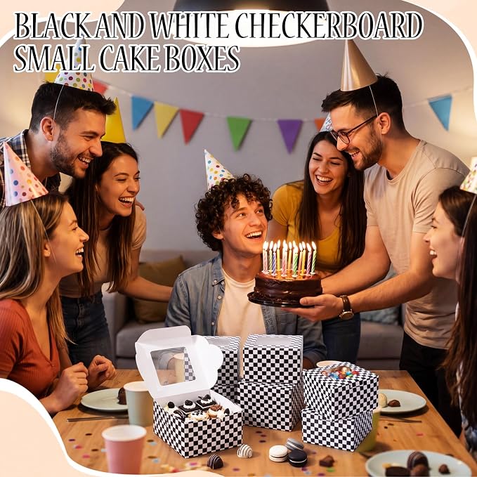 50 Pack Black White Checked Cookie Boxes with Window, 5x5x3 Top-opening Bakery Boxes for Cookie Swap, Brigadeiro, Donuts & Pastries, Small Checked Treat Box for Party Favors