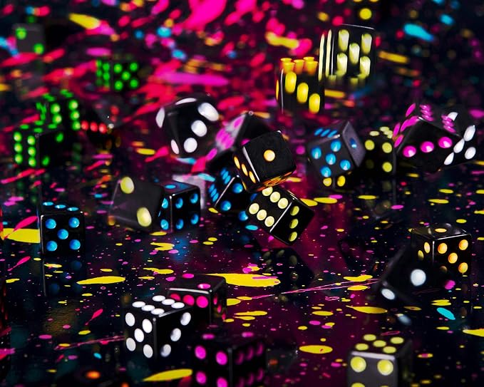 Brybelly Blackout Dice, 50-Pack — 16mm Six-Sided Black Game Dice with Neon Pips — 10 Color-Coded Sets of 5 for Liar's Dice, Farkle, Yacht & Classic Tabletop Games