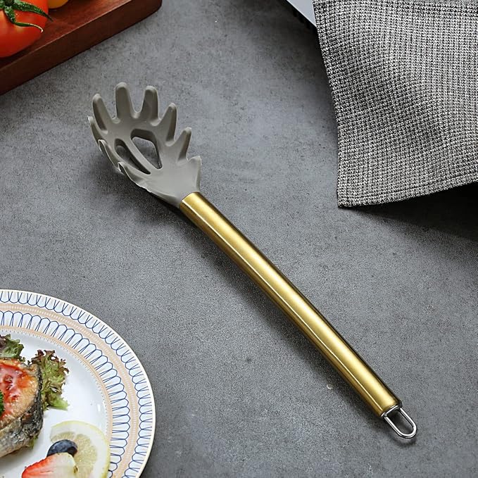 Gold Spaghetti Spoon, Berglander Non-stick Silicone Pasta Server With Titanium Gold Plating Handle, Spaghetti Server For Cooking, Pasta Fork, Noddle Fork, Dishwasher Safe, Easy to Clean