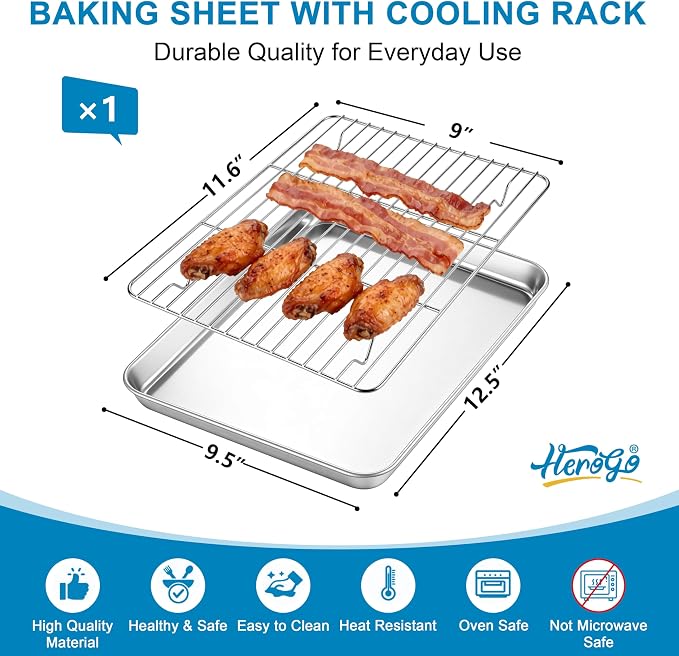 Herogo Stainless Steel Quarter Sheet Pan with Wire Rack Set(1 Pans + 1 Racks), 9 x 13 x 1 Inches Metal Baking Tray Set for Cooking & Roasting, Nontoxic & Easy Clean