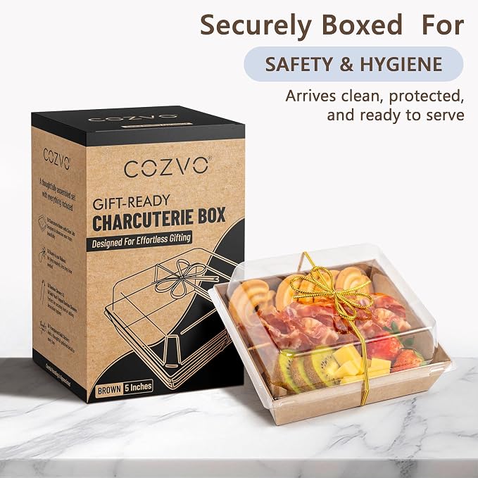 Gift-Ready Charcuterie Boxes with Clear Lids, Cake Slice Container, Bakery packaging, Food Gift Containers, Small Treat, 5"Dessert Boxes with Ready to use Ribbon and Bamboo Skewers-50 Count-BROWN