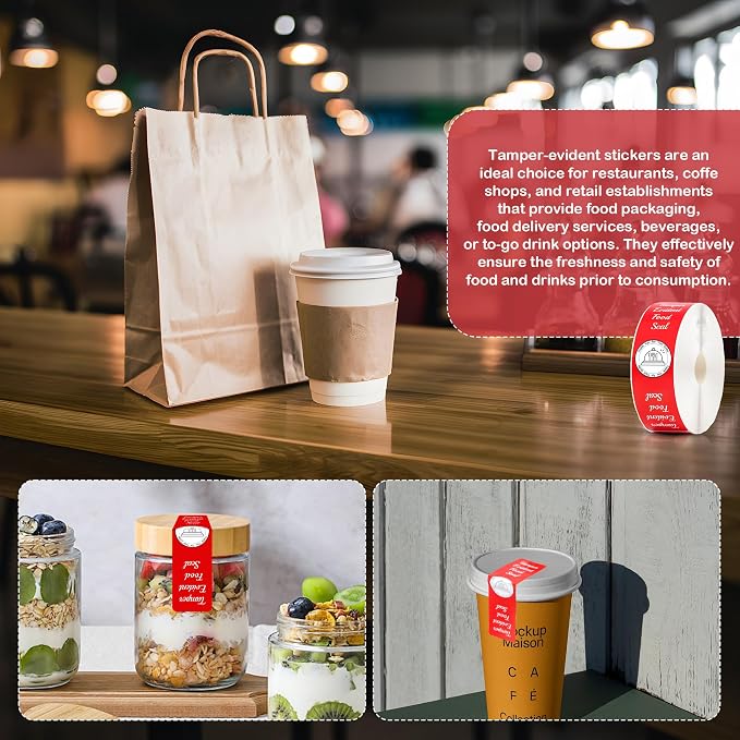 1000 Pcs Tamper Evident Stickers for Food Delivery 1.5 x 6 Inches Red Tamper-Proof Safe Seal Tape & Labels - for Sealing Drink, Food & Pizza Boxes to Preserve Freshness