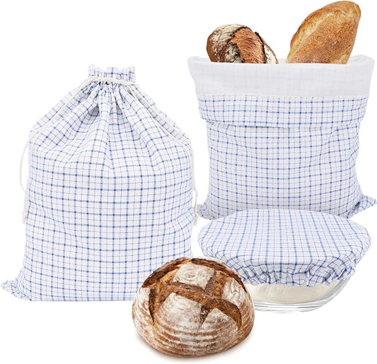 Reusable Bread Bags for Homemade Bread with TPU Lining & Proofing Bowl Cover, Organic Cotton Sourdough Bread bags for Baker Lovers(checker)