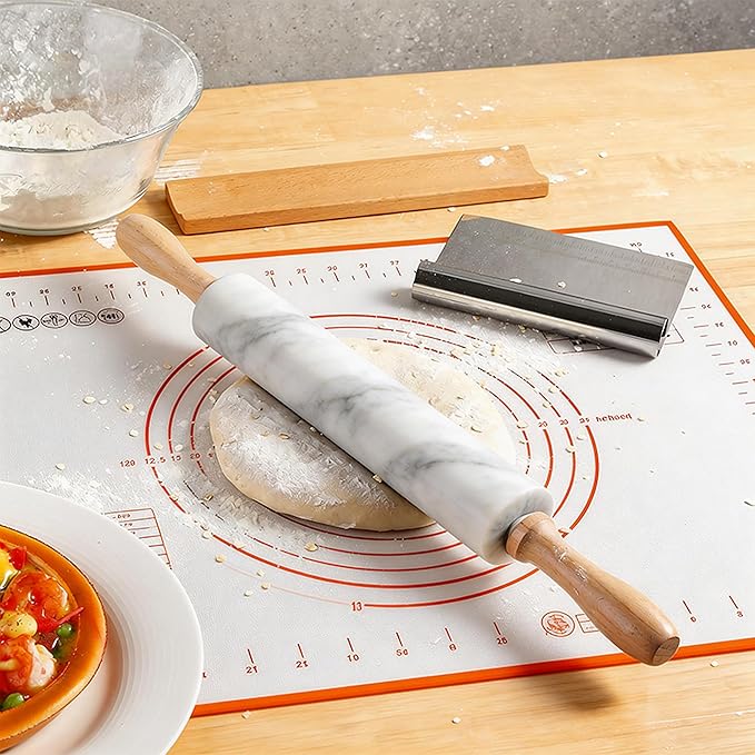 Marble Rolling Pin with Non-Stick Silicone Mat & Wood Base, 16.9-Inch Heavy Weight Dough Roller for Pizza Crust, Cookies, Pasta, Fondant, Pastry Polished Non-Stick Surface White (WH076)