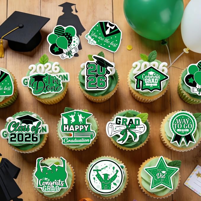 48pcs Edible 2026 Graduation Cupcake Toppers Wafer Paper Green Class of 2026 Cake Decorations Edible Congrats Grad Cupcake Picks for 2026 Graduation Theme Party Cake Supplies