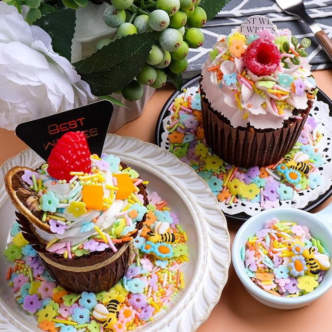 Easter Sprinkles Edible, Pastel Flower Sprinkles for Cake Decorating, Edible Flower and Bee Sugar Mix, Perfect for Cake Decorations, Baking, Ice Cream, Cookies, Cupcake Topping