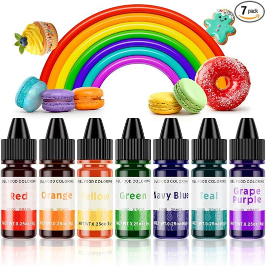 Gel Food Coloring Rainbow Edible Food Dye Set for Baking Royal Icing Cookie Supplies Gluten Free 7x6g Food Grade Liquid Food Color Kit, 0.25 Fl. Oz/Bottles