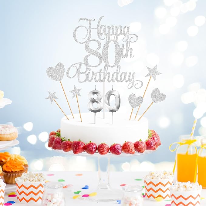 80th Birthday Cake Decorations, 80th Birthday Candles Cake Numeral Candles and Glitter Happy 80th Birthday Cake Toppers Set for Birthday Party Supplies (Silver)