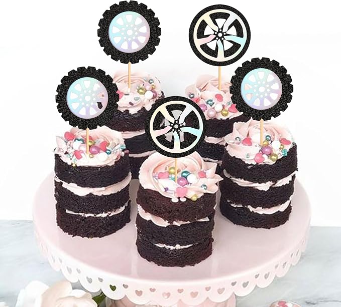 Ercadio 24Pcs Race Car's Wheels Cupcake Toppers Black Silver Wheels Car Tires Cupcake Picks for Racing Car Party Cake Decorations Baby Shower Kids Birthday Party Decoration Supplies