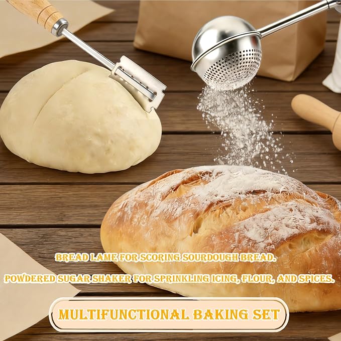 Bread Lame and Flour Duster, 304 Stainless Steel Bread Baking Supplies with Razor Blades & Leather Cover, Professional Bread Scoring Knife, Flour Duster for Baking