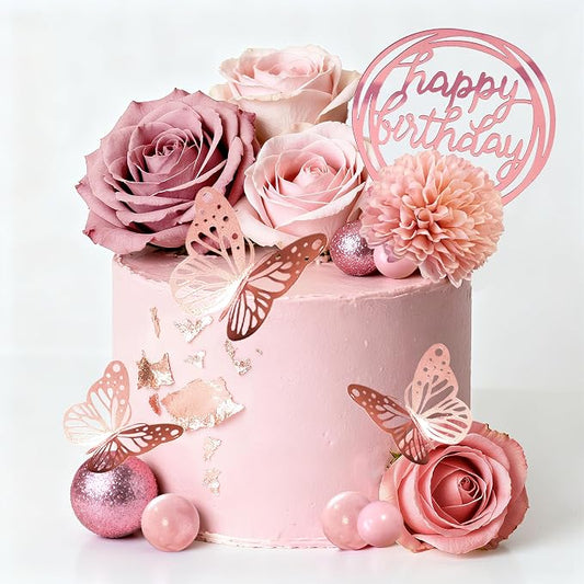 Flower Cake Toppers, Happy Birthday Rose Gold Cake Decorations with Artificial Flowers Butterfly Balls for Wedding Baby Shower Birthday Party Supplies