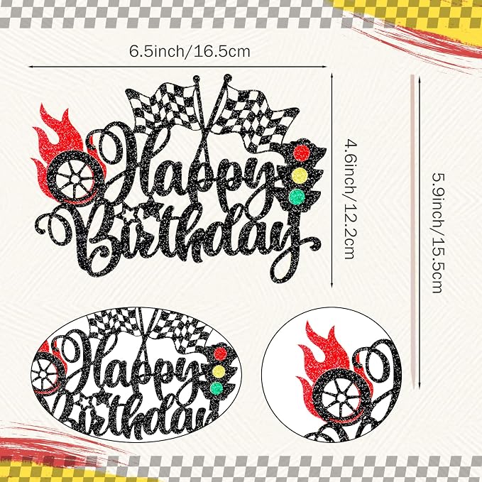 MEMOVAN Race Car Happy Birthday Cake Topper Car Birthday Cake Topper Glitter Checkered Flag Cake Decoration Racing Car Cake Pick with Traffic Light Trophy Wheel for Boy Girl Man Racing Car Theme Party