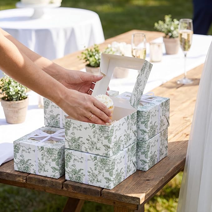50 Pack Sage Green Floral Cookie Boxes with Window, Chinoiserie Small Bakery Treat Boxes for Pastry Donuts Macaroon Cupcakes, Wedding Bridal Shower Birthday Tea Party Baby Shower Favors