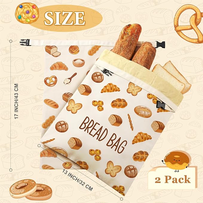 2 Pack Beeswax Bread Bags for Homemade Sourdough, 17x13 Inch Reusable Linen Beeswax Bread Bag with Buckle to Keeps Bread Freshness for Food Storage(Bread Theme)