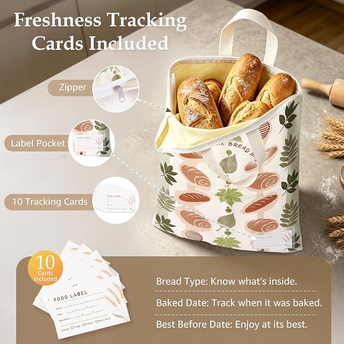 2 Pack Beeswax Bread Bags for Sourdough, 17x13 Inch Reusable Cotton Bread Storage Bags with Zipper and Handle Natural Beeswax Lining Freezer Friendly with 10 Food Labels Included (Bakery Leaves)