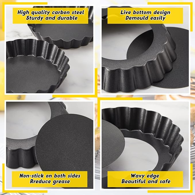 Tessco for you 16 Pcs Mini Tart Pans for Baking, 4 Inch Quiche Pans with Removable Bottom, Nonstick Egg Tartlets Molds Fluted Side Bakeware for Pie Fruit Tart Cheesecake Dessert (Black Gray Round)