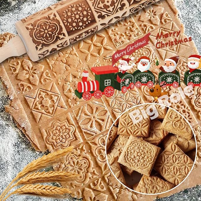 Christmas Embossed Rolling Pin for Baking Cookies Embossing Rolling Pins with Design Wooden Engraved Springerle Roller Pin Dough Patterned Clay Pottery Ceramic Bakers Women (Vintage Square Patterns)