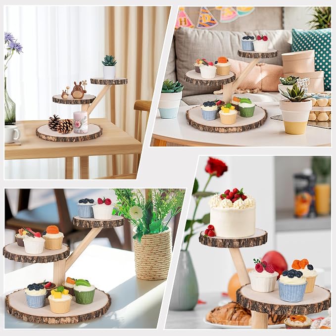 GENMOUS Wooden Farmhouse Style Cake Stand - Multifunctional 3-Tired Wedding Cake Stand Wood & Display Serving Tray Platter, for Appetizers Desserts Charcuterie Board