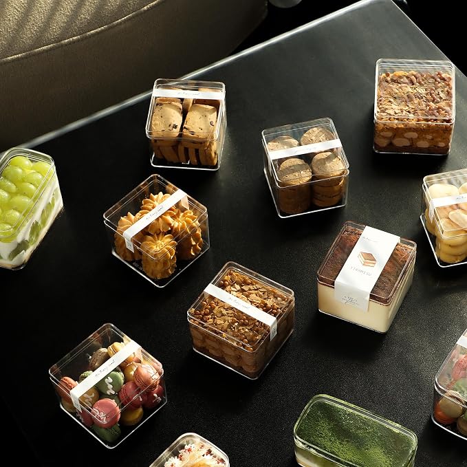 20 Pack 10OZ Rectangle Clear Plastic Dessert Cups with Lids and Sporks&Stickers Disposable Fruit Cups for Dessert,Tiramisu container with lid,Cupcake,Parfait,Pudding,Iced Cold Drinks,Fruits