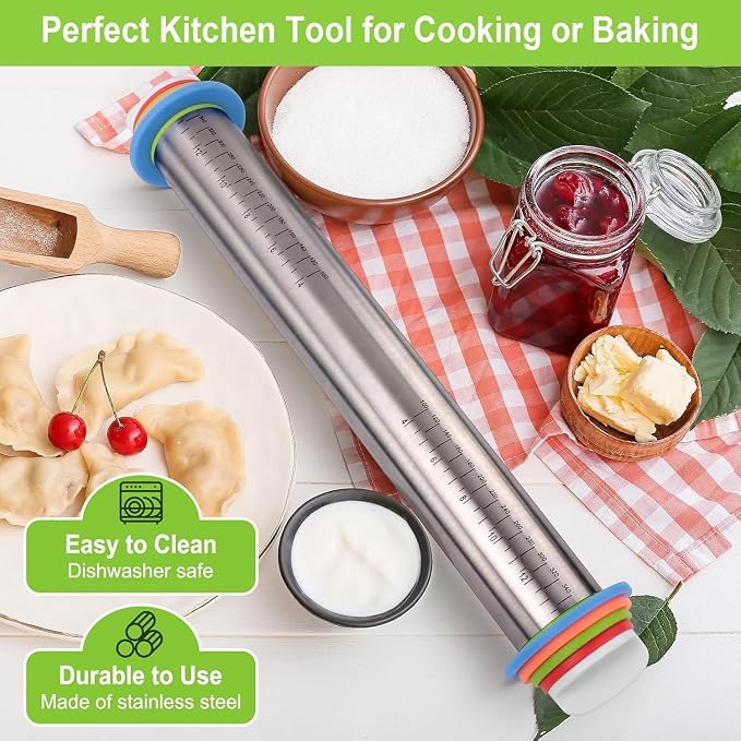Rolling Pin and Pastry Baking Mat Set, 17-inch Rolling Pins with Adjustable Thickness Rings, Stainless Steel Dough Roller for Baking Fondant, Pizza, Pie, Pastry, Pasta, Cookies (black)
