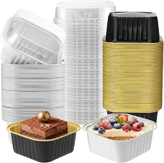 200 Pack 5 oz Mini Cake Pans with Lid, Aluminum Foil Mini Baking Tins, Square Disposable Cupcake Baking Cup Dessert Container for Wedding Birthday Party Picnic (Black,Silver,Classic)