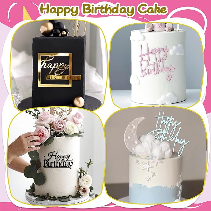 24 PCS Happy Birthday Cake Toppers Mirror Acrylic Side Cake Decorations 8 Styles