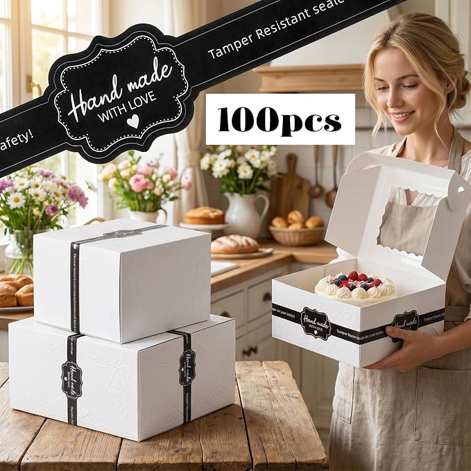 Tamper Proof Stickers 100 Pcs - 8.8 x 1.3 Inch Tamper Resistant Seal Labels for Food Retail Package, Handmade Bakery Candy Artisan Crafts Sealing (Black)