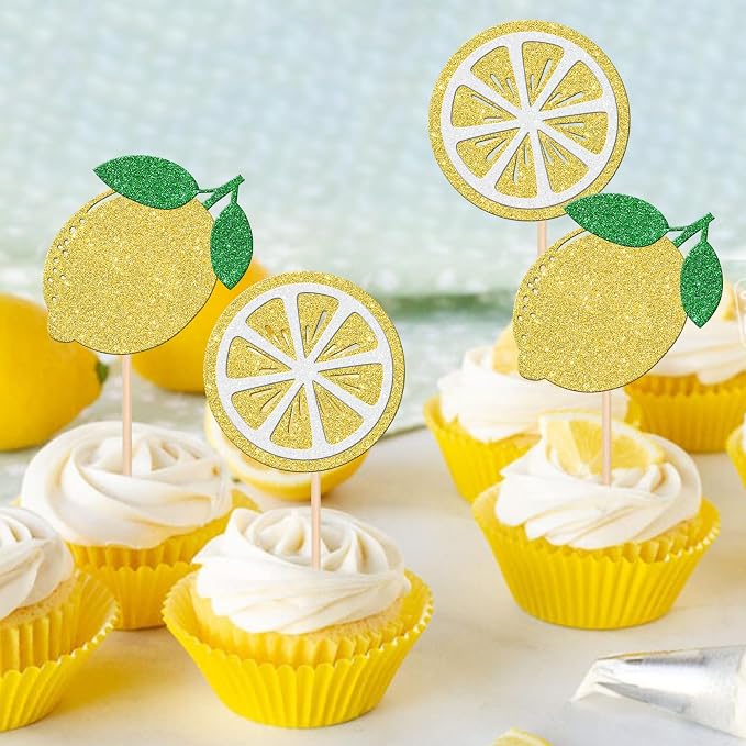 24 PCS Lemon Cupcake Toppers Glitter Fruit Theme Lemonade Party Cupcake Picks for Lemon Theme Baby Shower Wedding Engagement Bridal Shower Birthday Main Squeeze Party Cake Decorations Supplies