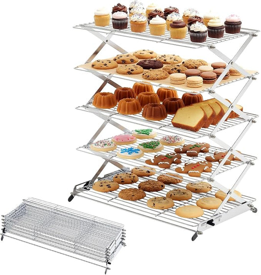 Novabright 5 Tier Collapsible Cooling Rack for Baking, 16'' x 10'' Stainless Steel Stackable Baking Rack for Cookies Bread, Oven Safe Roasting, Space Saving Kitchen Essentials Gifts for Women, Silver