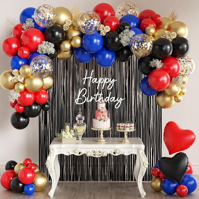 157Pcs Black Gold Red Blue Balloons Garland Arch Kit with Black Fringe Curtain Backdrop for Graduation Birthday New Year's Eve Baby Shower Party Decorations