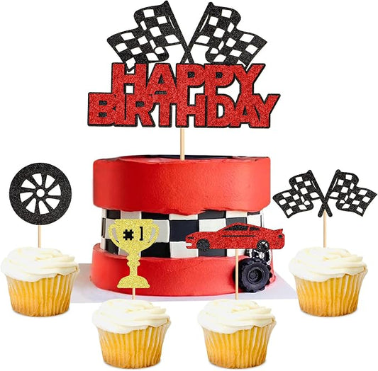 Ercadio 25Pcs Racing Car Happy Birthday Cake Toppers Checkered Flag Race Cars Wheels Cupcake Toppers Baby Shower Race Car Funny Birthday Party Decoration Supplies