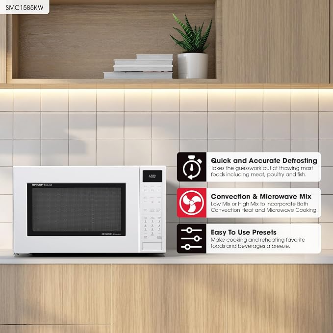 SHARP SMC1585KW Convection Countertop Microwave Oven with Removeable 15.4" Carousel Turntable, 1.5 Cubic Feet, 900 Watt, Sensor Cooking, White