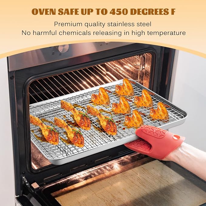 Stainless Steel Baking Sheet with Rack Set, E-far 16”x12” Cookie Sheet Pan for Oven, Rimmed Metal Tray with Wire Cooling Rack for Cooking Roasting Resting Bacon Meat Steak - Dishwasher Safe