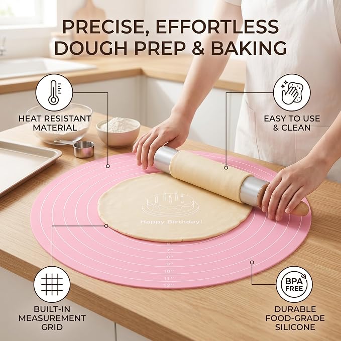 Baking Mat Round Silicone Pastry Mat, Nonslip Sheet Mat with Measurement, Nonstick Dough Rolling Mat Food Grade Silicone Counter Mat for Making Cakes Cookies Macarons Bread and Pastry