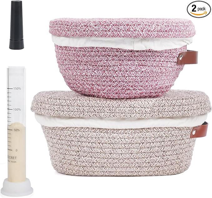 Stackable Cotton Banneton Proofing Basket Set, With Pro Sourdough Aliquot Jar for Rise Tracking – 2-Pack Bread Baskets (Round + Oval), Sourdough Baking Kit for Home Bakers