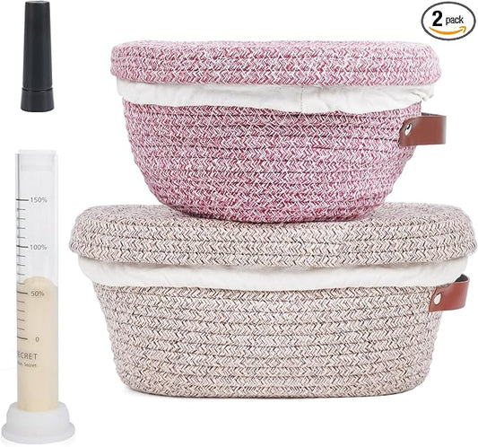 Stackable Cotton Banneton Proofing Basket Set, With Pro Sourdough Aliquot Jar for Rise Tracking – 2-Pack Bread Baskets (Round + Oval), Sourdough Baking Kit for Home Bakers