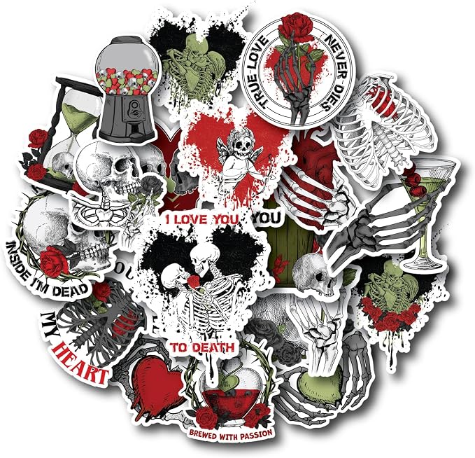 Gothic Skeleton Love Stickers Pack, 20pcs Dark Romantic Skull and Rose Gothic Girl Style Waterproof Stickers Vinyl Decals for Journals, Laptops, and Scrapbooks