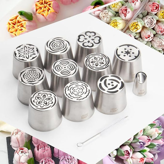 Extra Large Russian Piping Tip Set - 10 Stainless Steel Marshmallow Buttercream Framing Nozzles for Roses Tulip Cake Decorations and Bouquets, Includes 1 Leaf Nozzles and 1 Cleaning Brush(10B)