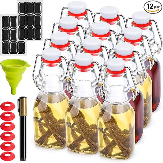 Vanilla Extract Bottles [4oz, 12-Pack] – Flip Top Swing Top Glass Bottles for Homemade Extracts, Kombucha, Coquito, Juice – Airtight Leak-Proof Caps with Funnel, Extra Gaskets, Labels & Marker