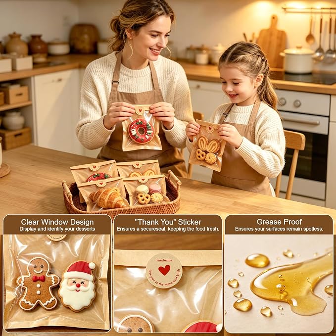 Individual Cookie Packaging Bags with Seal 120 Pack Bakery Bags for Cookies | 5.7x6.5 Inch Kraft Paper Cookie Bags with 120PCS Handmade Sticker Bakery Packaging Bags with Window for Candy Scone Brownie