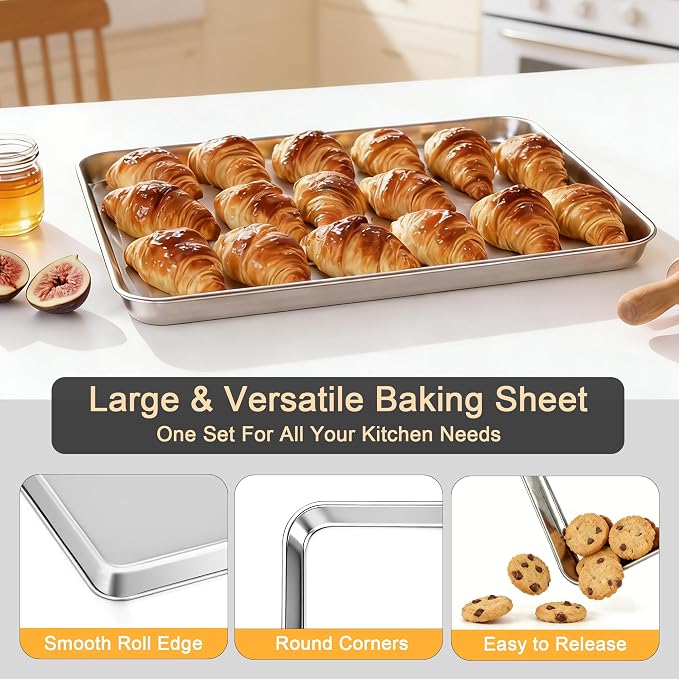 Onader Baking Sheet Set of 3, 16" x 12" Food-Grade Stainless Steel Quarter Sheet Pans for Baking, Metal Cookie Toaster Oven Pan Tray, Heavy Duty & Dishwasher Safe
