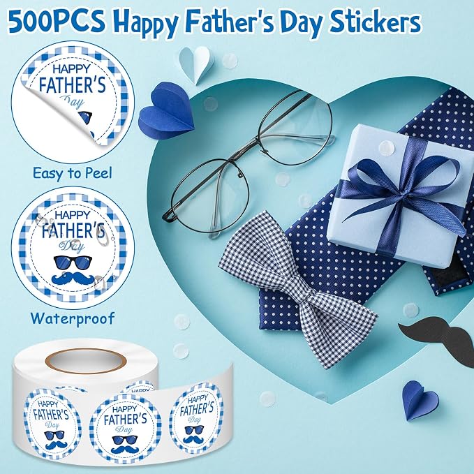 Louise Maelys 500 Pcs Happy Father's Day Stickers 1.5 Inch Round Blue Plaid Stickers with Vintage Mustache Design for Gift Wrapping Envelopes
