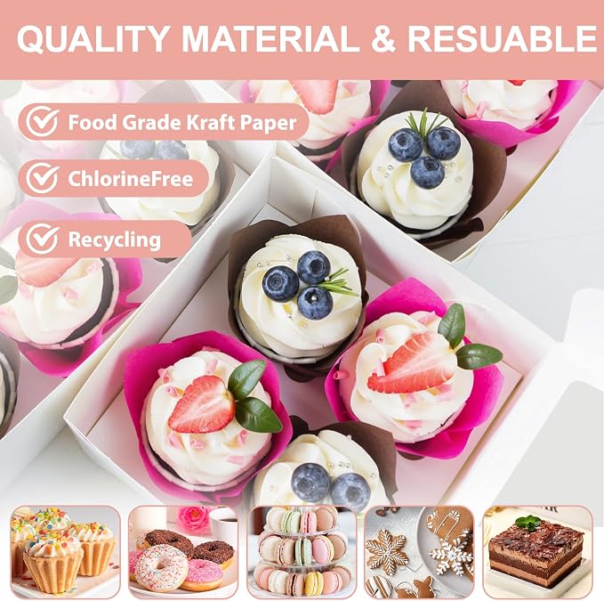 OAMCEG 50 PCS Cupcake Boxes with Window, 6x6x3 Inch Cookie Boxes, Bakery Treat Boxes for Pastry, Dessert, Chocolate Strawberries, Cupcake Containers, Gift Giving with Stickers & Twine（White）