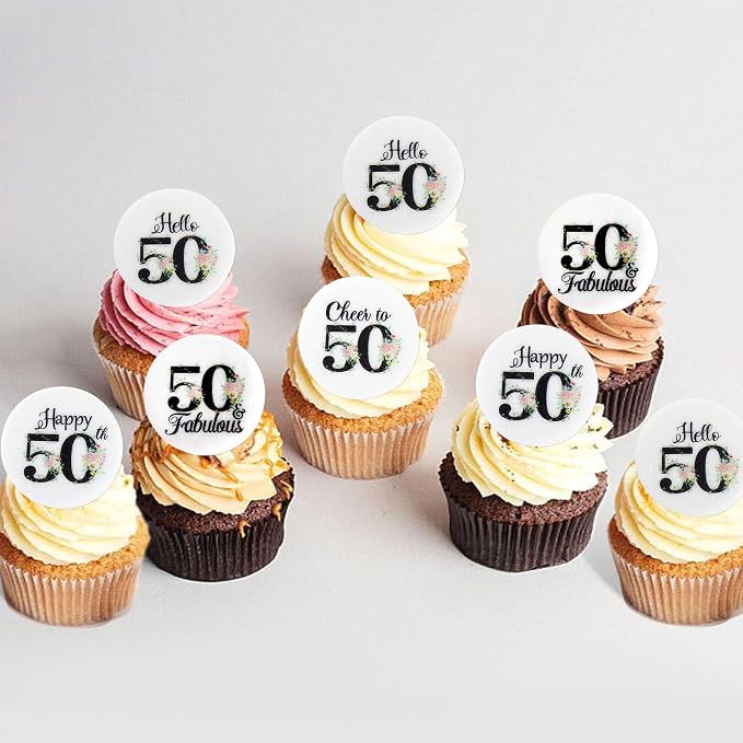 40Pcs Edible Circle Happy 50th Birthday Cupcake Toppers Edible Floral Hello 50 Fabulous Cheers to 50 Cupcake Picks Drink Toppers for Funny Female Floral 50th Birthday Party Decorations