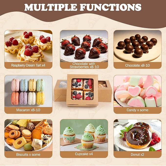 TOMNK 50 PCS Cupcake Boxes with Window, 6.3x6.3x3 Inch Cookie Boxes, Brown Bakery Containers for Pastry, Dessert, Chocolate Strawberries, Treat Boxes with Stickers and Jute Twine