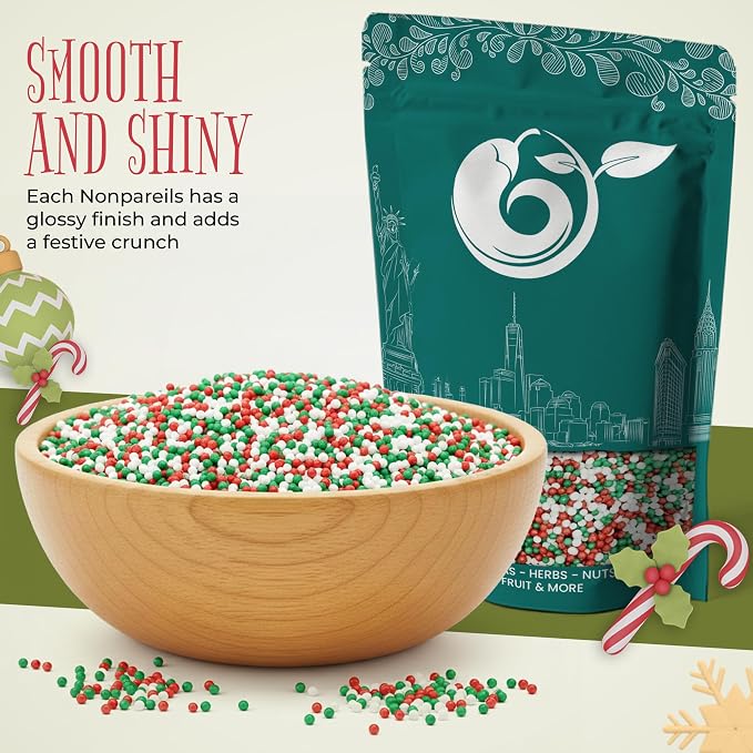 NY Spice Shop Mix Color Nonpareils Sprinkles - 1 Pound Red White & Green Non Pareil Sprinkle - Edible Holiday Winter Sprinkle for Holidays - Sprinkles For Holiday Baking & Toppings