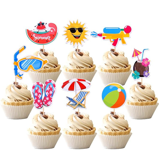 32 PCS Summer Beach Pool Cupcake Toppers Ball Sun Umbrella Diving Goggles Watermelon Water Gun Slippers Cupcake Picks Baby Shower Hawaii Beach Pool Theme Birthday Party Cake Decorations Supplies